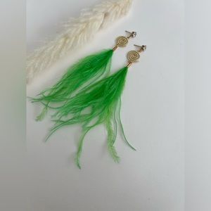 Long Dangle Green Feather Hippie Chic Earrings - Vibrant Whimsical Earrings
